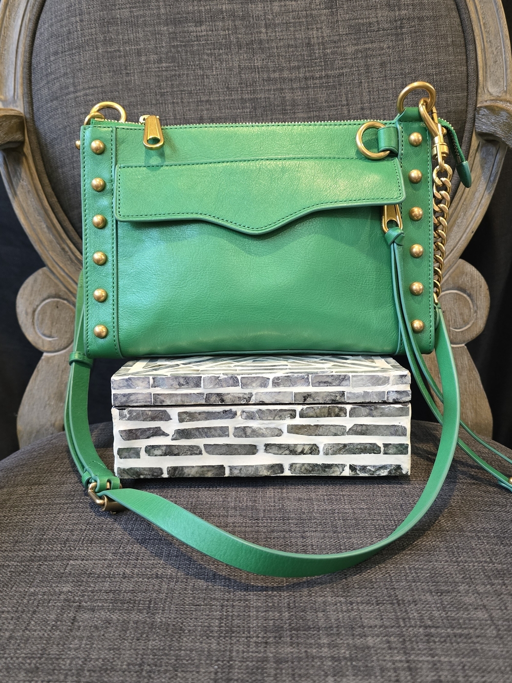 Rebecca Minkoff Green Leather Studded Crossbody Bag with Gold Hardware